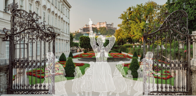 Depiction of the film scene where Maria and the children hop up and down the stairs while singing 'Do-Re-Mi'. | © ©Tourismus Salzburg GmbH, Foto: Patrick Langwallner