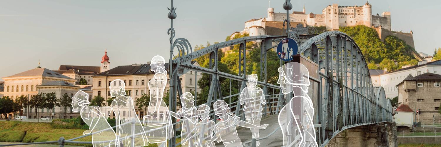 Maria with the children by the Salzach River. | © Tourismus Salzburg GmbH, Foto: Patrick Langwallner